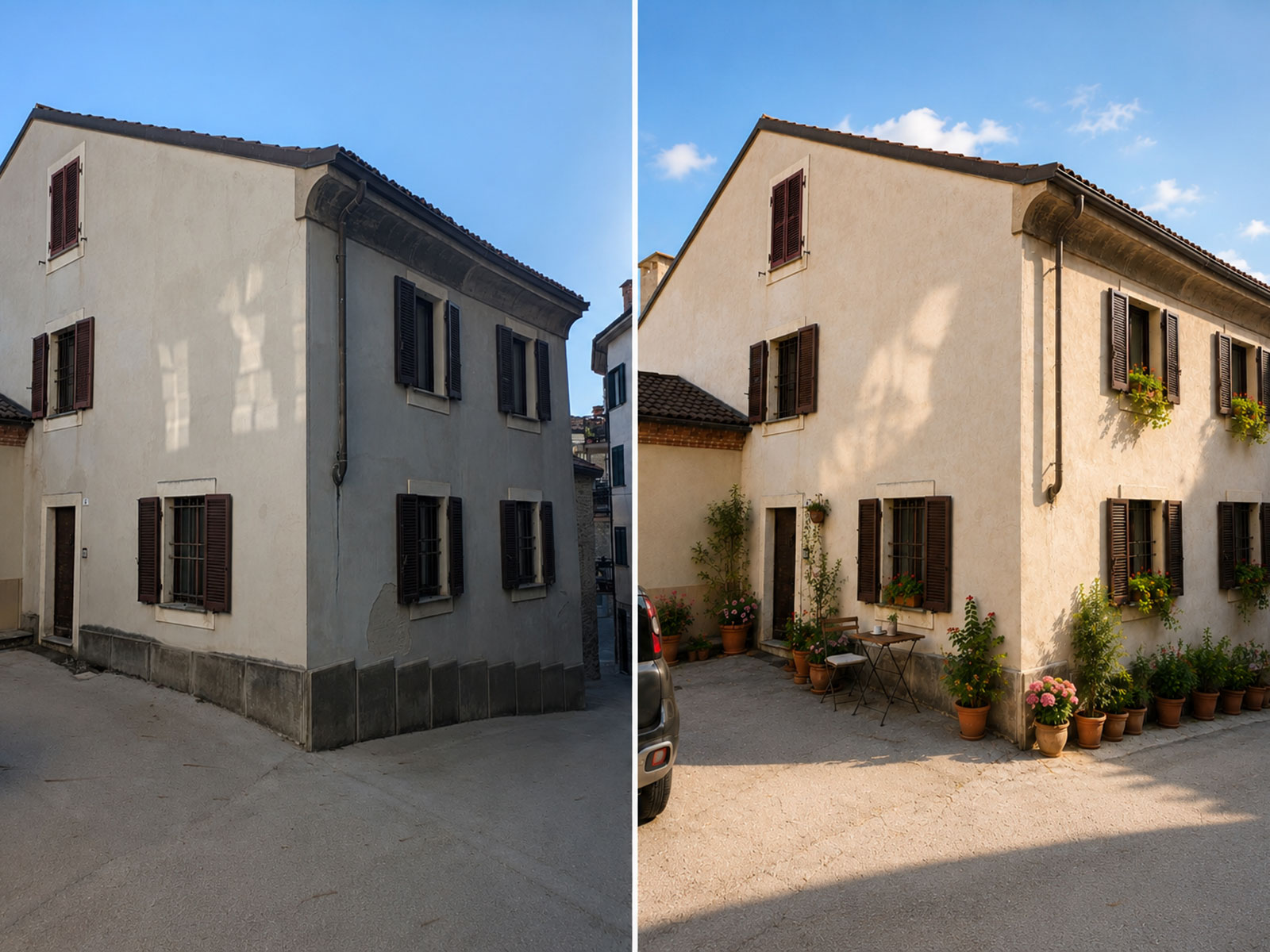 Fassade des Hauses in Murazzano vor und nach der Begrünung