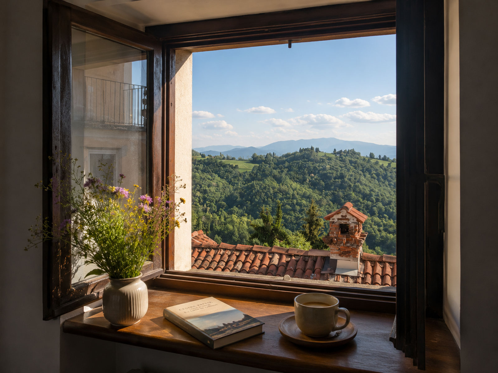 Offenes Fenster mit Blick über Dächer und grüne Hügel
