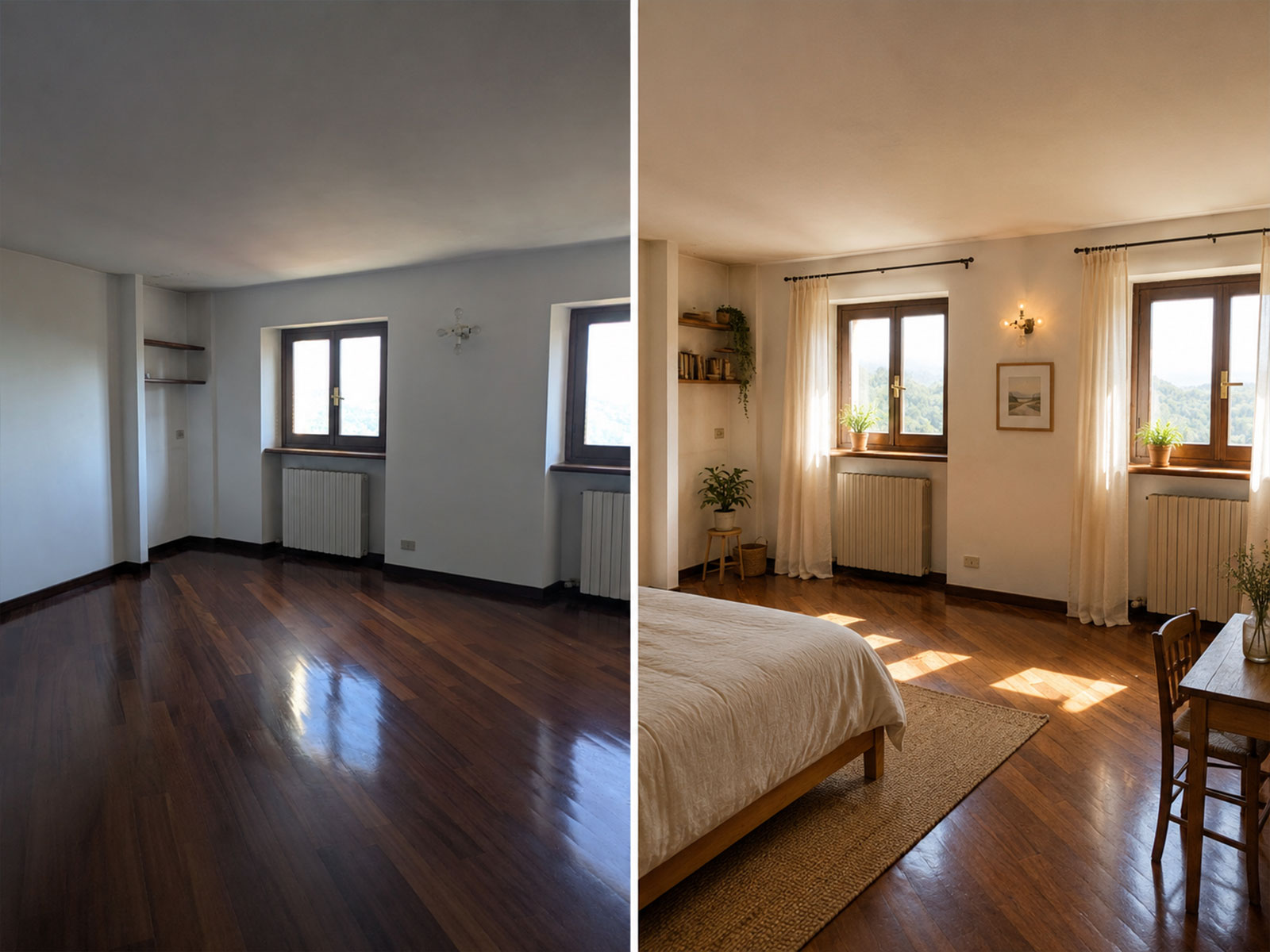 Schlafzimmer mit Holzboden und Fenstern zur Landschaft